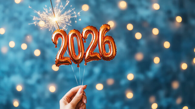 Celebrating new year 2026 with sparkler and balloons in festive decor