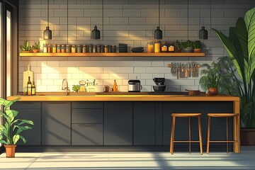 Modern Minimalist Kitchen Interior Design with Wooden Shelves and Indoor Plants