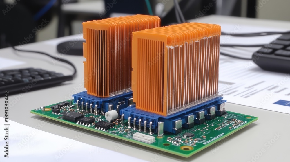 Poster power electronics lab with dc-dc converter and heat sinks placed on test board