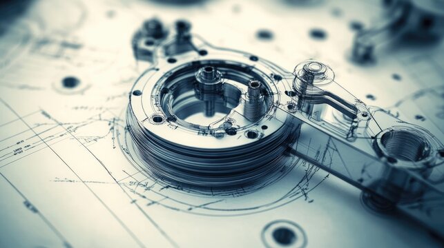 Precision blueprint showing exploded view of mechanical part with labeled callouts and BOM, no people