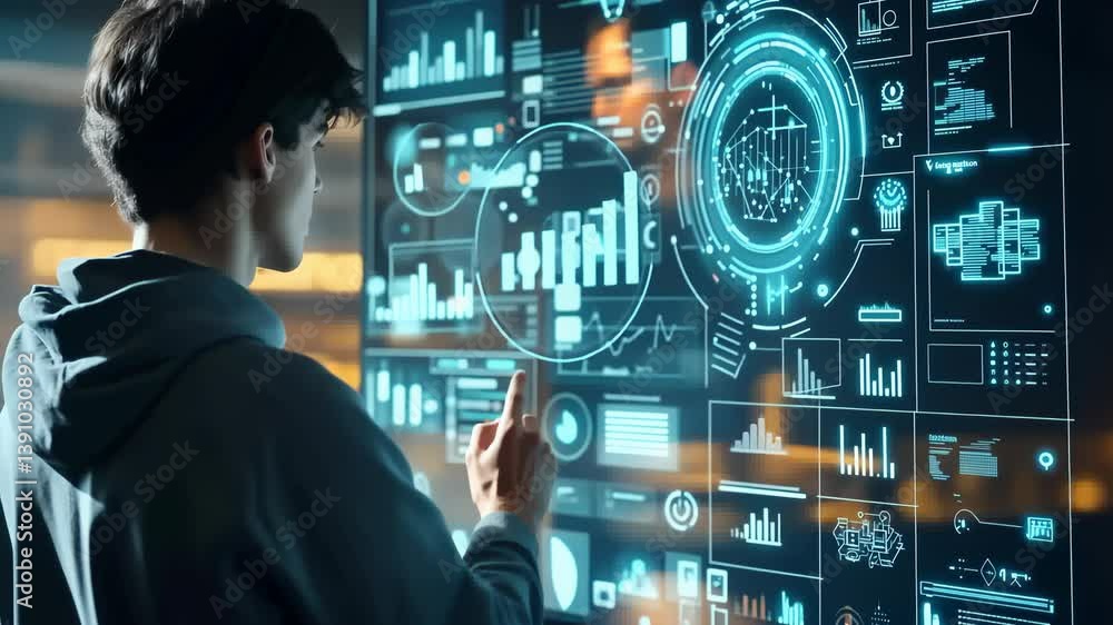 Poster A person interacts with a screen, filled with glowing data visualizations, charts, , graphs. His hands hover over the display, suggesting manipulation of the holographic interface in a darkened room.