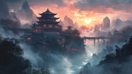 Sunset over misty mountain temple complex, bridge, Asian landscape, fantasy art, game design