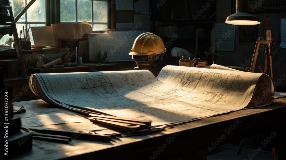 Poster rolled engineering blueprints on a drafting table beside measuring tools and a hard hat, symbolizing