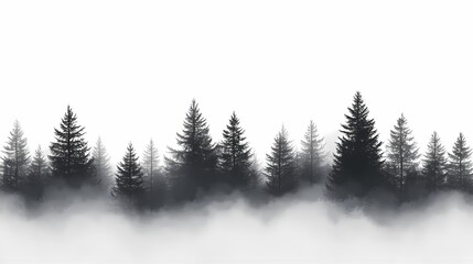 Misty Forest Silhouettes: Tranquil Nature Scene with Evergreen Trees in Black and White