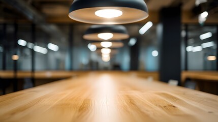 Modern minimalist office meeting table with warm wooden tones, conveying professionalism and simplicity in workspace design