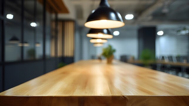 Modern minimalist office meeting table with warm wooden tones, conveying professionalism and simplicity in workspace design