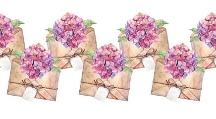 Watercolor seamless border with pink hydrangea in envelope on white background. Purple botanical painting flower for Women day 8 march. Bouquet for celebration wedding. Rim for wallpaper or wrapping