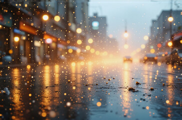 Fototapeta premium Rainy city street at night. Street lights reflect on the wet pavement creating a bokeh effect. Blurry urban scene with soft, diffused light.