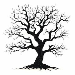 Black Silhouette of Leafless Tree: Eerie Winter Branches in Spooky Landscape Illustration