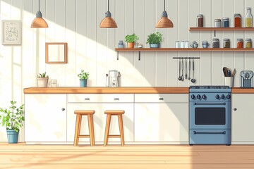 Fototapeta premium Modern Kitchen Interior Design: Bright and Cozy Decor with Wood Accents and Blue Highlights