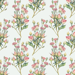 Seamless pattern watercolor pink rose bud and carnation and green leaves isolated on blue background. Spring summer hand-drawn flower for a wedding or March 8 celebration. Wallpaper or wrapping
