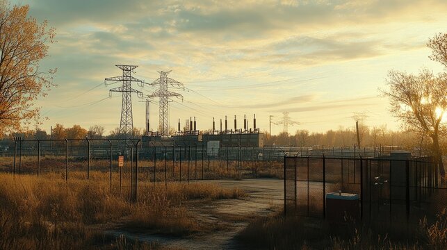Substation with switchgear equipment, power transformers, and protective fencing, wide shot