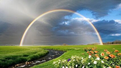 Serenity After Rain: Rainbow over Blossoming Fields. A magical and vibrant scene of a bright rainbow arching across the sky after a gentle rain. 