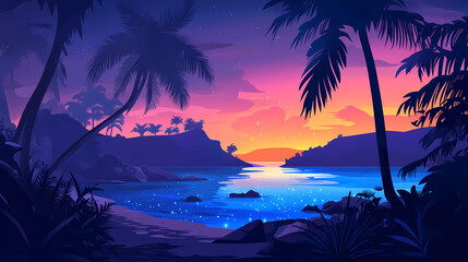Bioluminescent bay beach at night tropical paradise. Enchanted Bay. Illustration