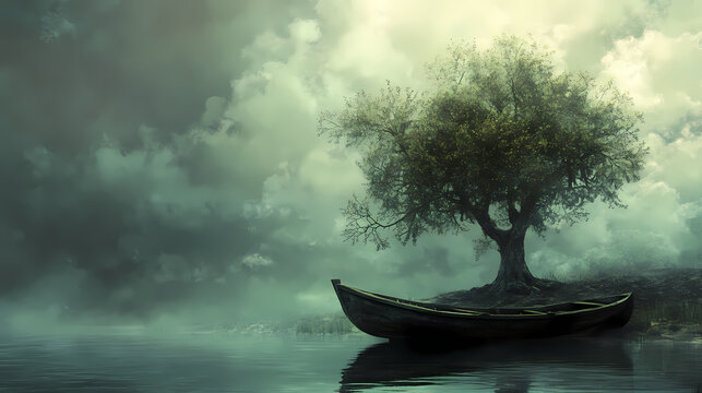 Altes ruderboot mit einem baum am ufer eines mystischen sees, generative ai. Arcane Shore. Illustration