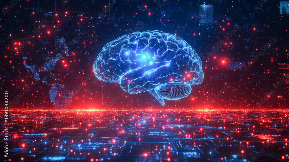 Poster futuristic brain scan visualization depicting neural connections in a digital landscape