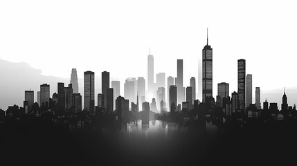 Naklejka premium Black and White Cityscape: Iconic American Skyline Silhouette at Dusk - Urban Architecture and Modern Skyscrapers