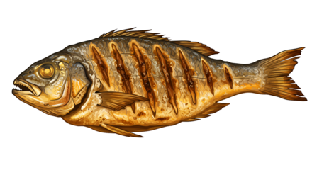 Grilled fish close up with grill marks on isolated background