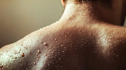Fototapeta premium Sweaty man's back, close-up, indoors, sunlit background, health