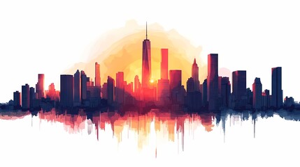 Fototapeta premium Sunset Skyline Silhouette: Vibrant Colors Illuminate Urban Landscape - A Metropolis in Watercolor Art