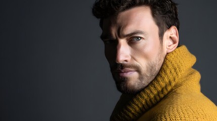 Fototapeta premium Confident man in mustard sweater, exuding quiet strength and modern elegance