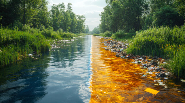 Clean and polluted river split showcasing environmental impact and pollution contrast in nature