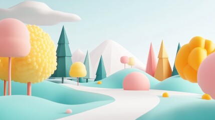 Pastel Hillscape, Cartoon Trees, Whimsical Path