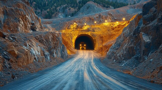 A mining tunnel reveals a well lit entrance set against rugged rocks, with a dirt road leading toward it. The twilight sky casts a serene glow over the surrounding mountains.