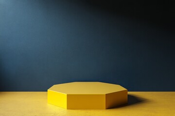 Modern, geometric, yellow display podium against a navy backdrop
