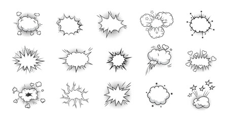 Retro empty comic bubbles and elements set with black halftone shadows on transparent background. Vector illustration, vintage design, pop art style. © rochmuch