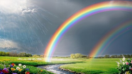 Rainbow of Hope: Nature&rsquo;s Colorful Promise. The rainbow glows in full spectrum&mdash;red, orange, yellow, green, blue, indigo, and violet&mdash;stretching over a peaceful landscape of green fields