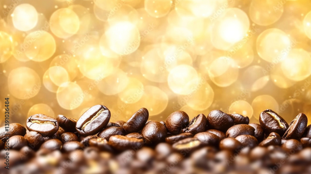 Poster a close up of coffee beans on a table. the beans are scattered and some are piled up. the image has 