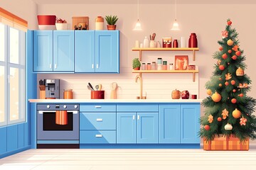 Modern Kitchen with Blue Cabinets and Holiday Decor: Cozy Winter Vibes