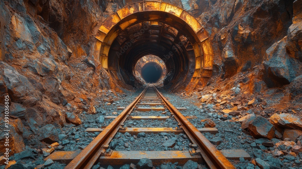 Poster tracks lead into a dark mining tunnel surrounded by rocky walls, highlighting the excavation process