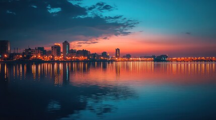 Fototapeta premium Cityscape sunset reflection, waterfront, dramatic sky, urban night, travel poster