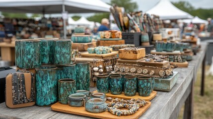 Vibrant teal pottery, wooden boxes, and beaded jewelry displayed at an outdoor arts & crafts market