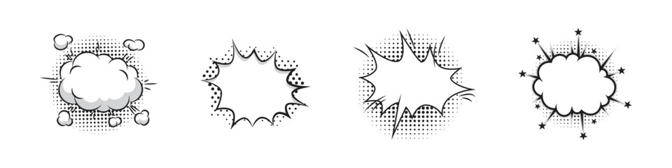Comic speech bubbles with halftone set. Retro empty comic bubbles and elements set with black halftone shadows on transparent background. Vector illustration, vintage design, pop art style.