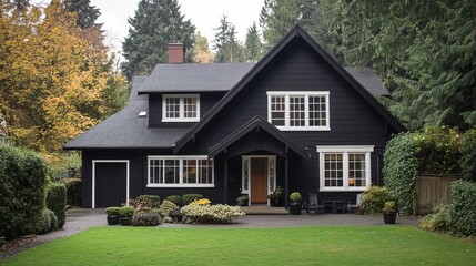 Beautiful black house exterior design architecture with green lawn and trees in the background design ideas