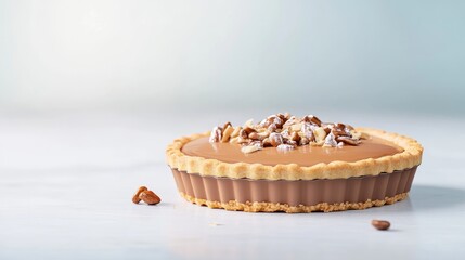 Chocolate Tart Pecan Topping, Elegant minimalist style, High-resolution natural light, Wide shot, Crumbly texture, Dessert presentation, Light background, Warm brown tones, Perfect for food blogs