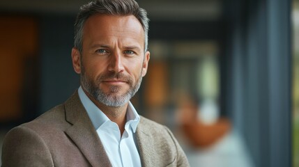 Confident businessman portrait, modern office background, headshot