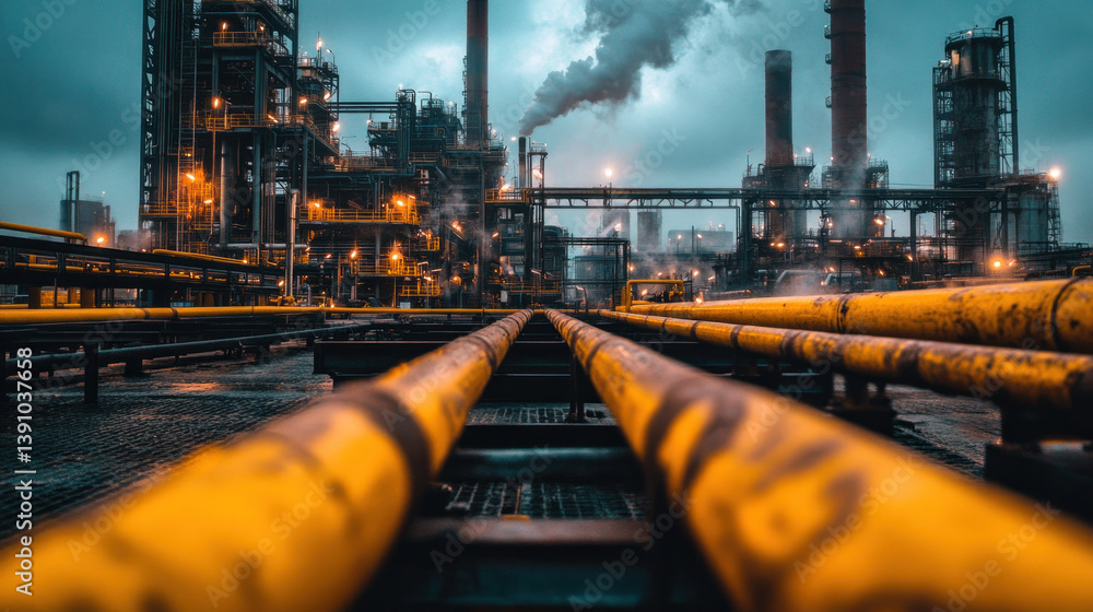 Poster a yellow and black pipeline is shown in front of a large industrial plant. concept of industrializat