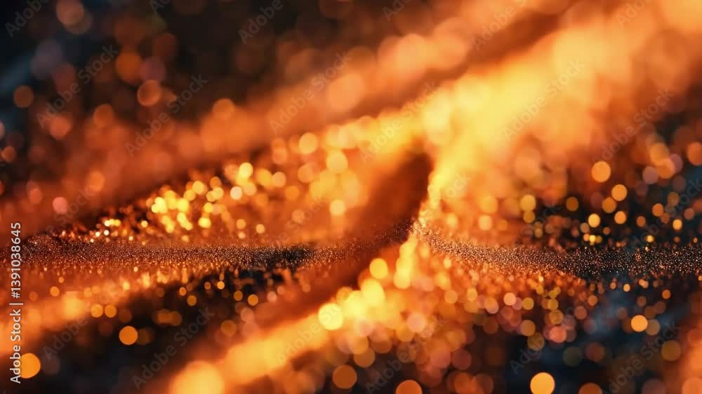 Poster mesmerizing close up of shimmering golden particles creates warm, glowing atmosphere with soft bokeh