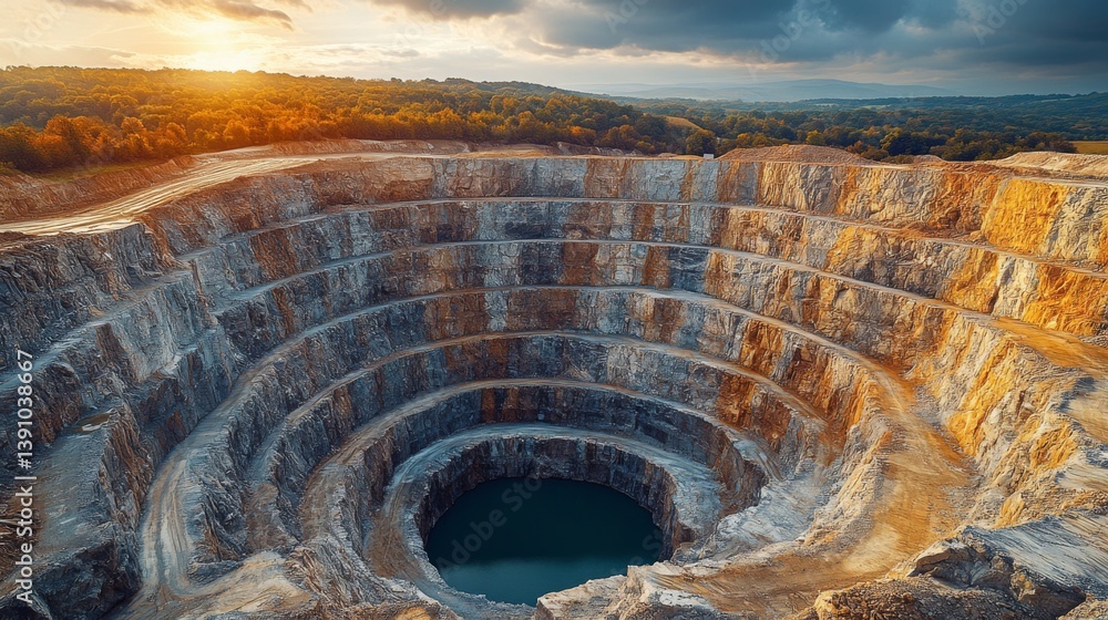 Fototapete a large open pit mining site demonstrates extensive excavation with layered rock formations. the sun
