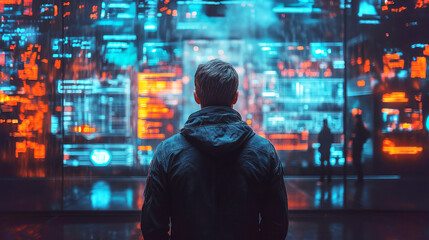 A person stands in a dark room, facing a vibrant digital display showcasing data related to cybersecurity and risk management.