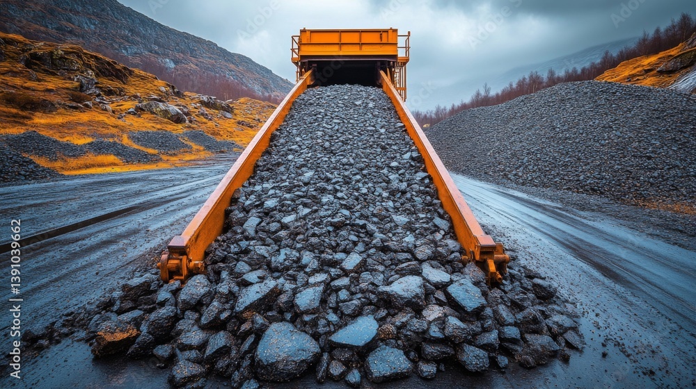 Leinwandbilder large machinery is unloading a pile of crushed rock at a quarry. the rugged landscape features mount