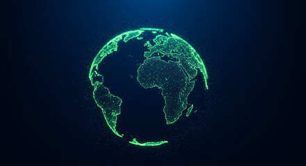 Fototapeta premium Digital Earth Globe Spinning with Green Dots Representing Global Connectivity and Technology Innovation on Dark Blue Background