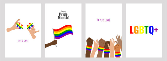 LGBT Pride Month set of colorful poster. Hand puzzle flag text. Symbol LGBT pride community. Rainbow elements. Banner design cover magazine, layout, brochure, flyer. Vector illustration.
