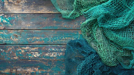 Overhead flat lay of layered fishing nets, mixed shades of green and blue with rustic wooden background, marine mood