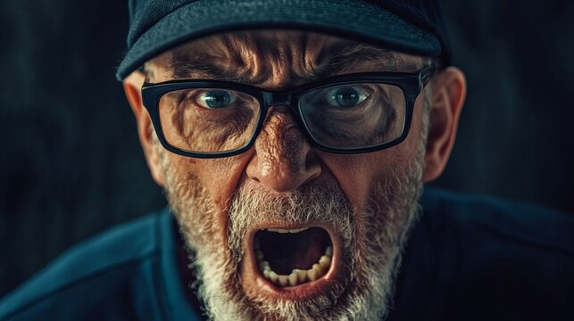 Angry old man shouting portrait close up with glasses and cap expression of rage and frustration face emotion