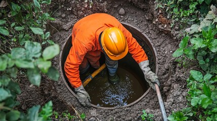 Septic tank cleaning service professional inspecting and maintaining sewer system drainage field repair